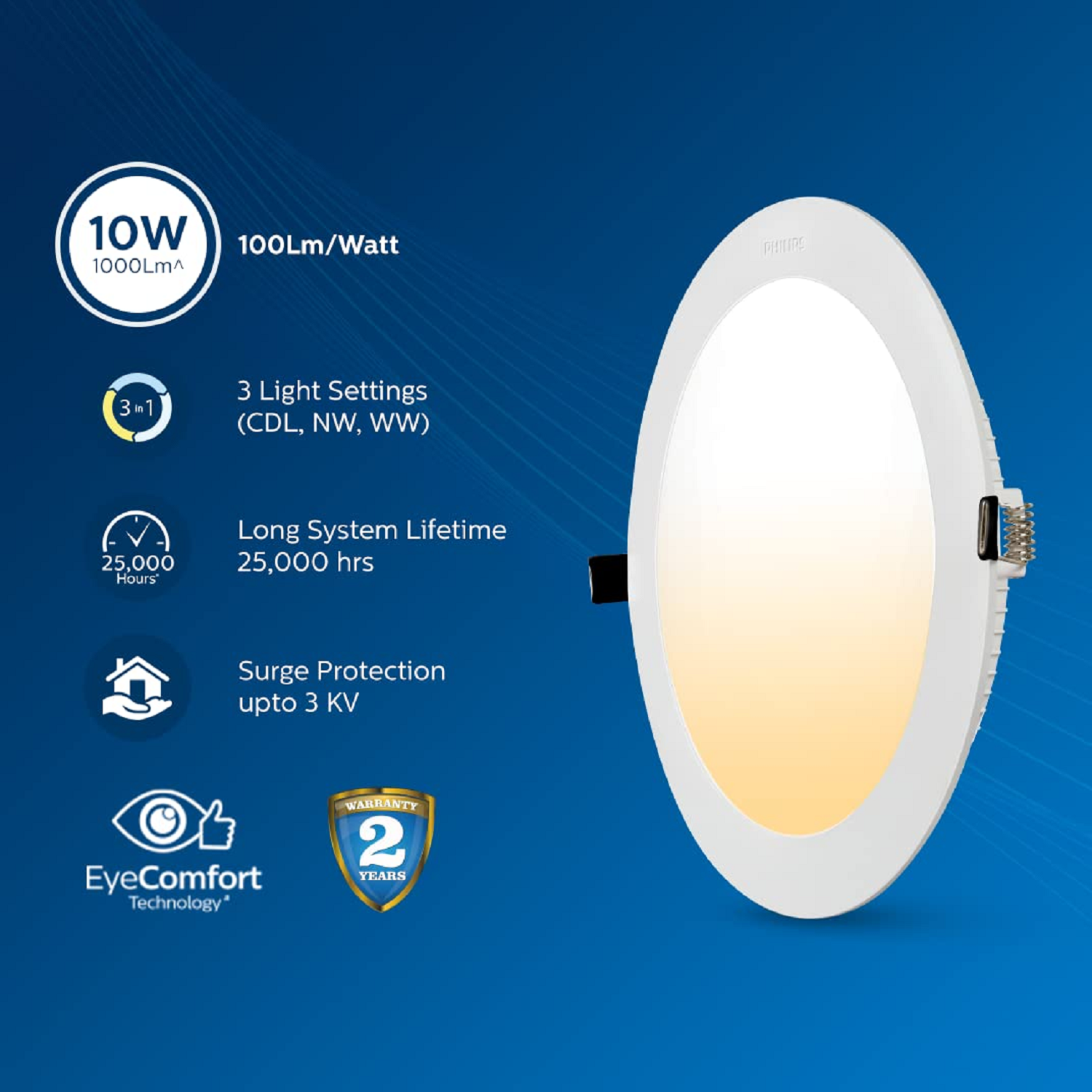 PHILIPS  8-watt Round LED Downligh  3-in-1 Recessed LED Downlight  LED Ceiling Panel  Light for Home